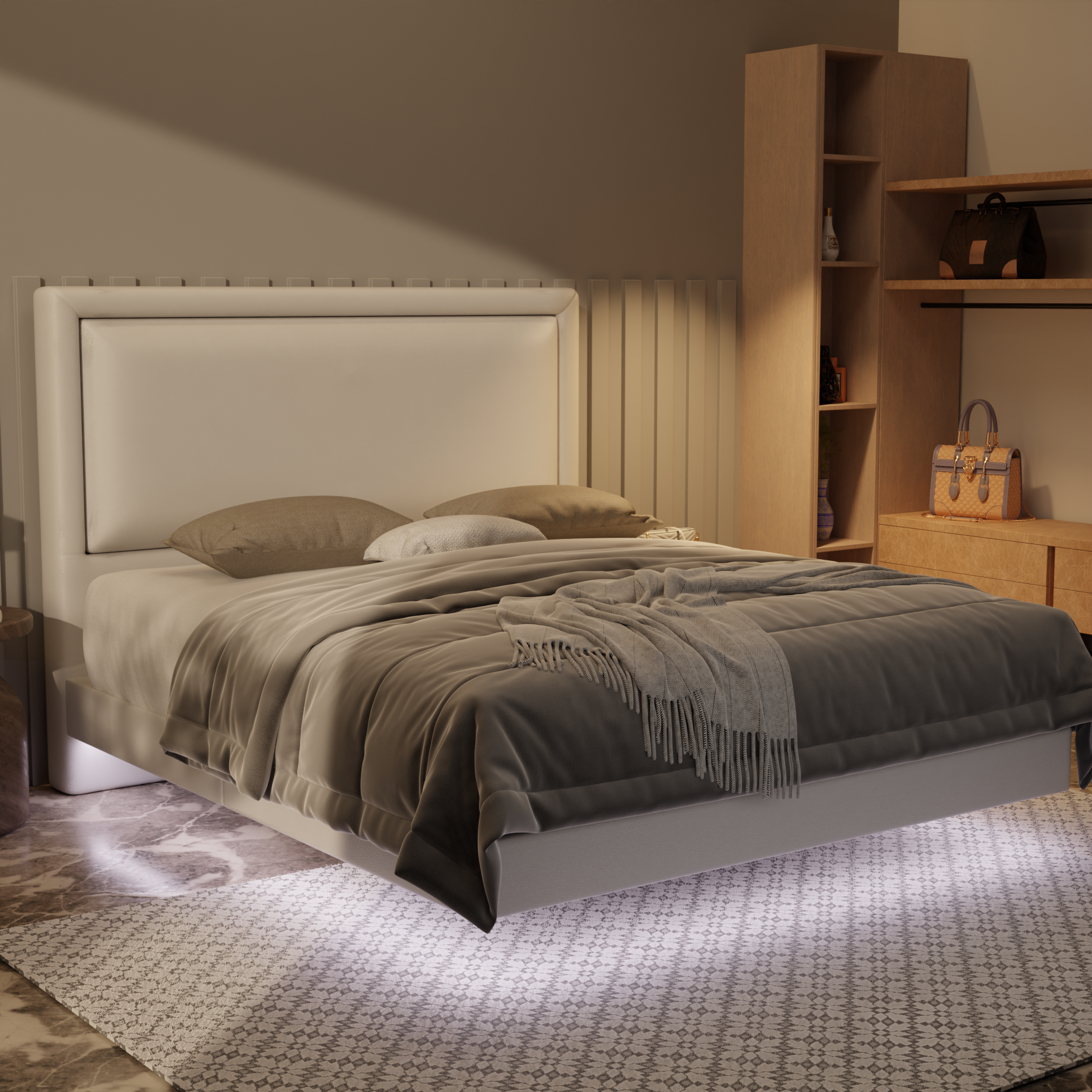 Jinny Genuine Leather Floating Bed Frame (With LED) by Esteller