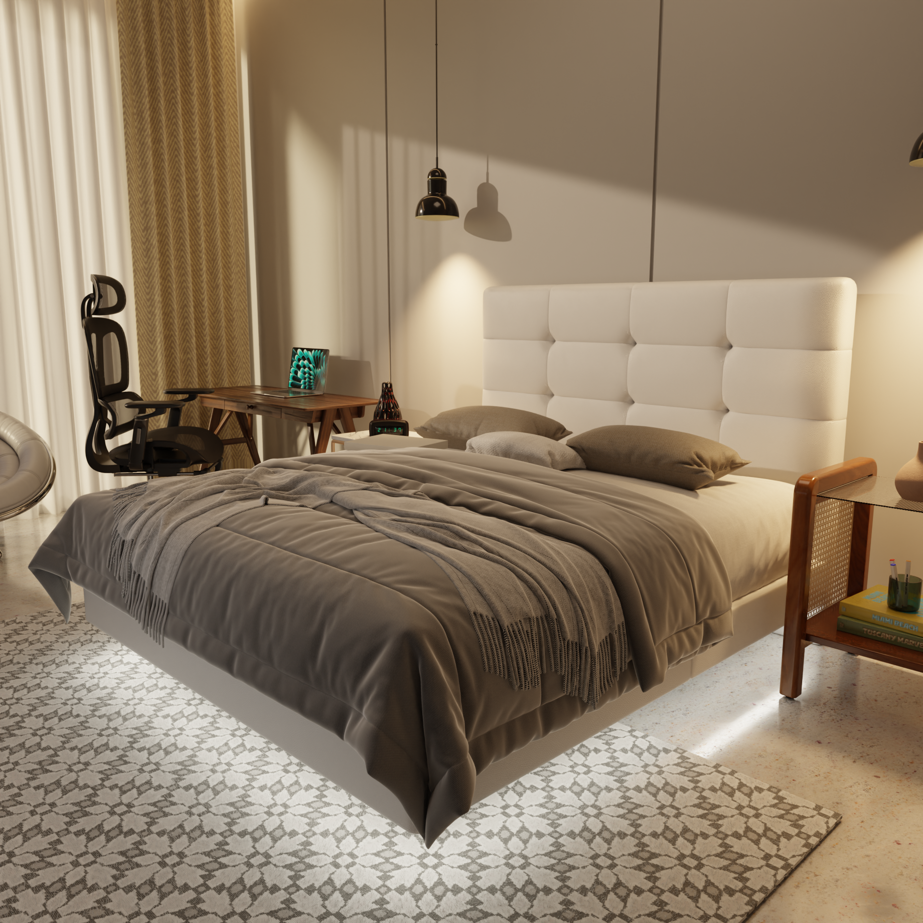 Rachelle Genuine Leather Floating Bed Frame (With LED) by Esteller