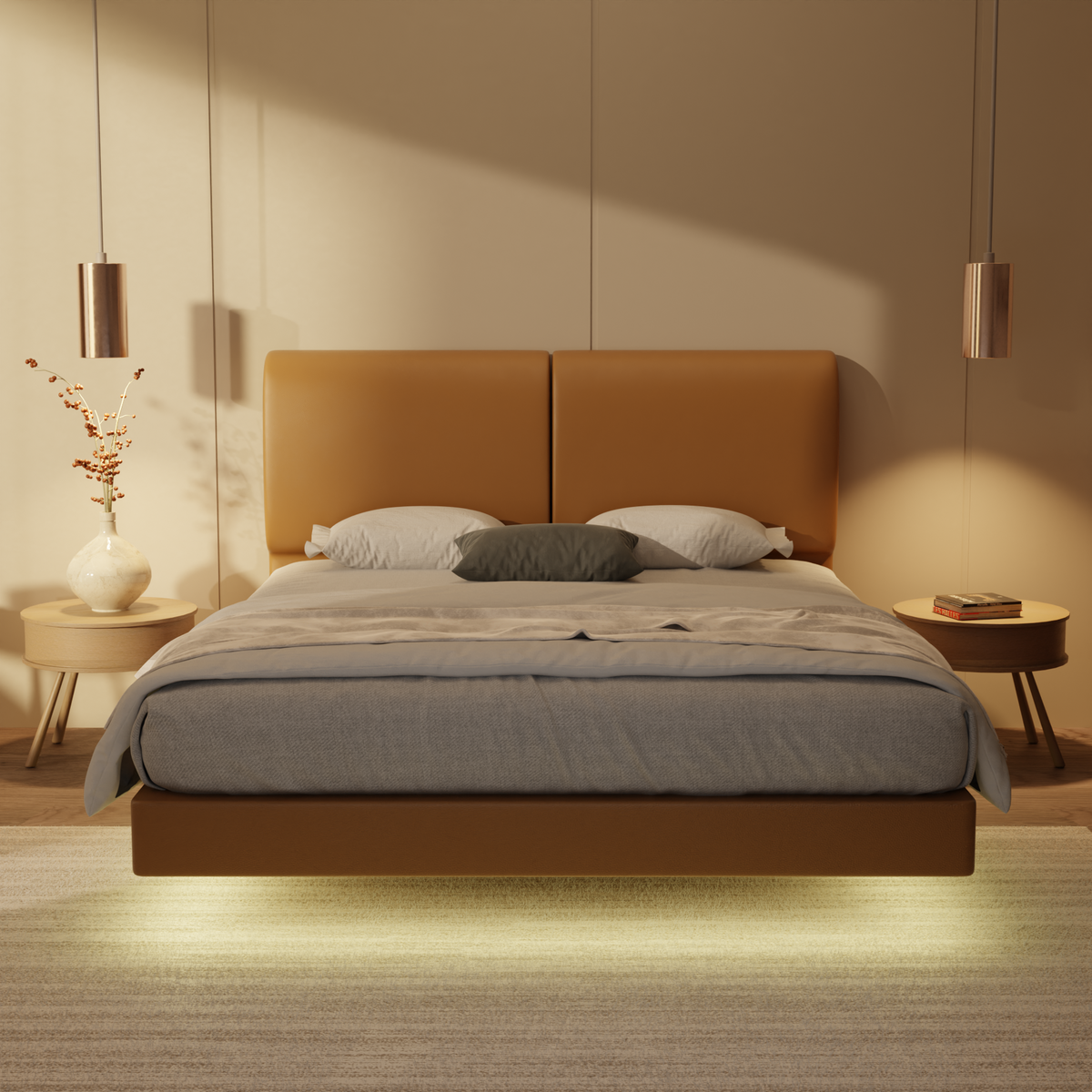 Gretelle Genuine Leather Floating Bed Frame (With LED) by Esteller