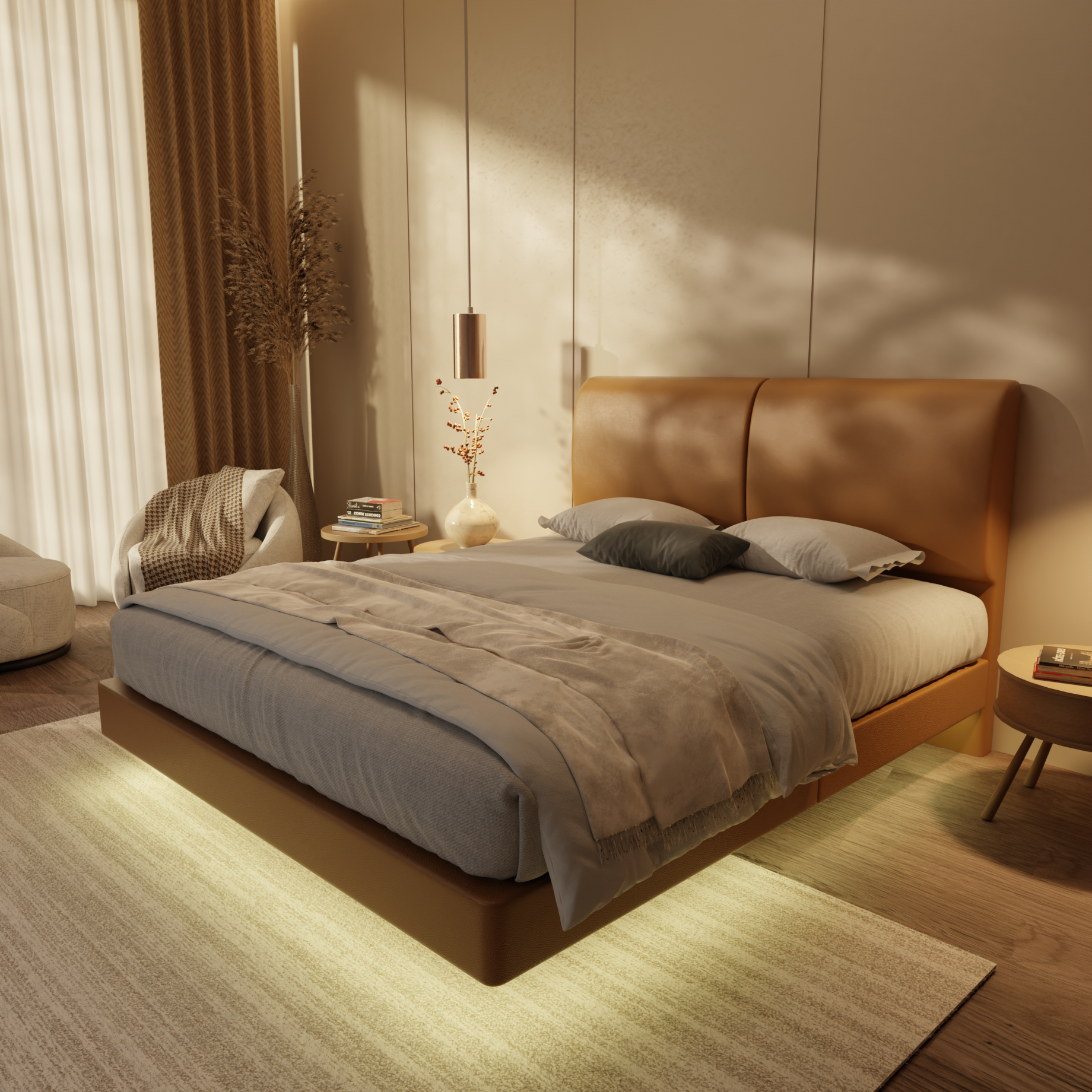 Gretelle Genuine Leather Floating Bed Frame (With LED) by Esteller