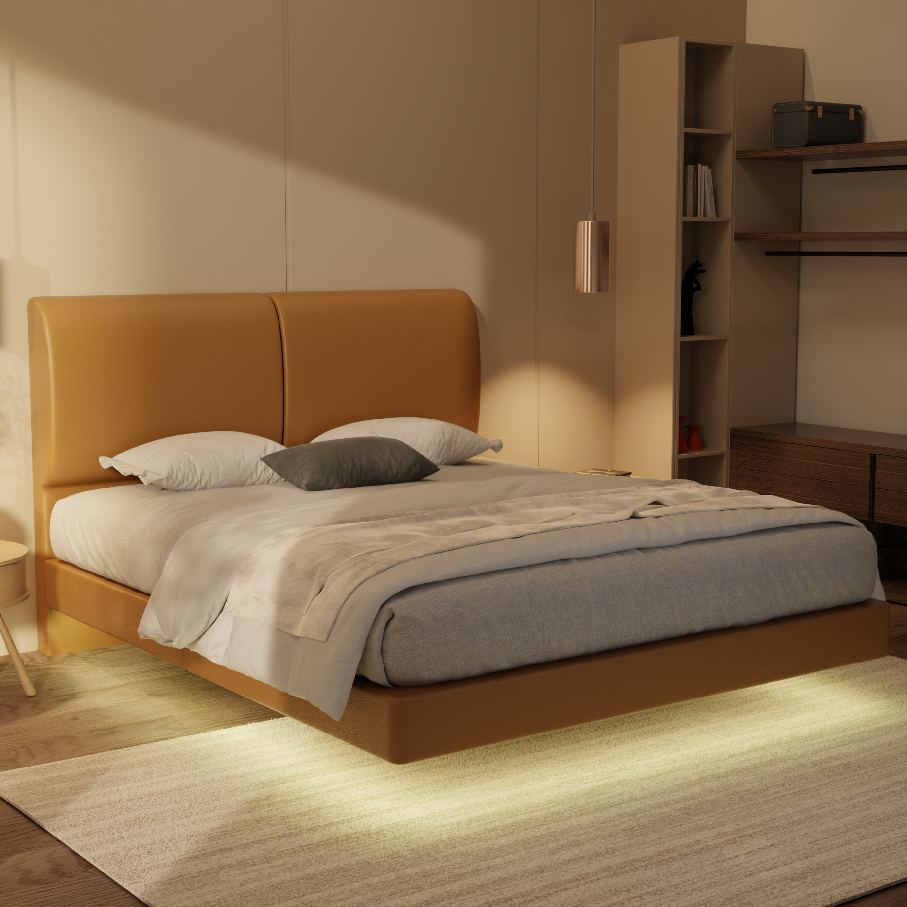 Gretelle Genuine Leather Floating Bed Frame (With LED) by Esteller