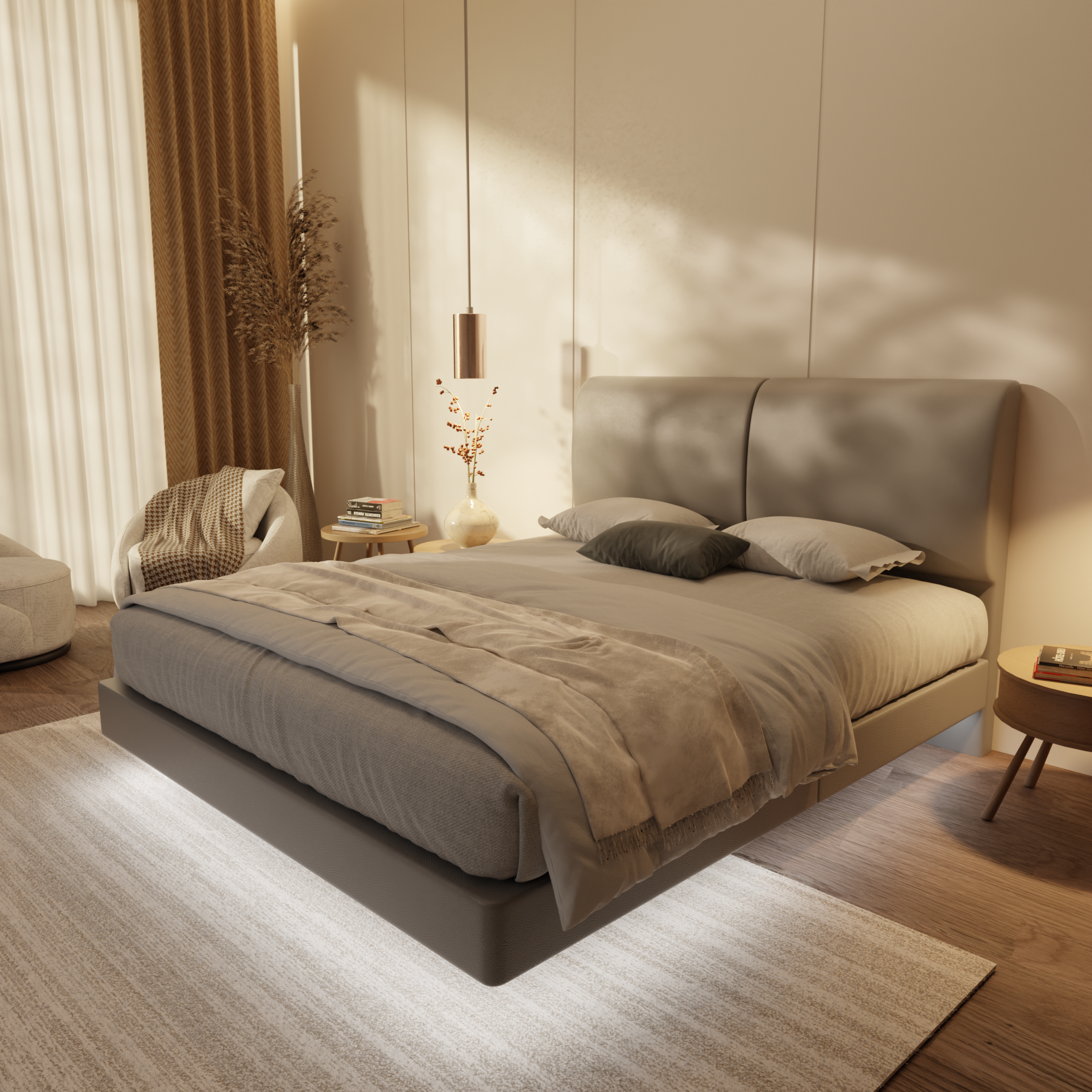 Gretelle Genuine Leather Floating Bed Frame (With LED) by Esteller