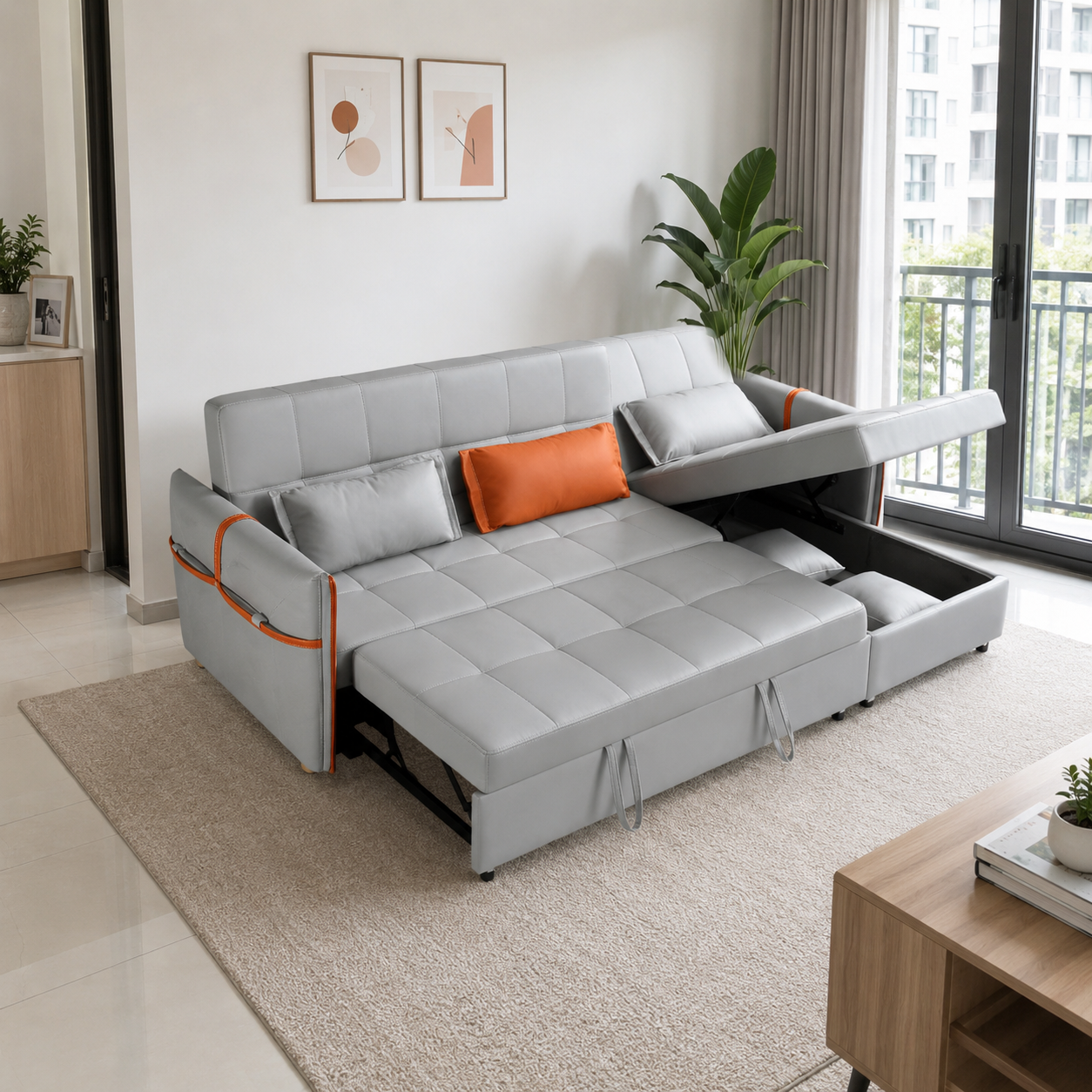 Amvessa L-Shaped Faux Leather Storage Sofa Bed