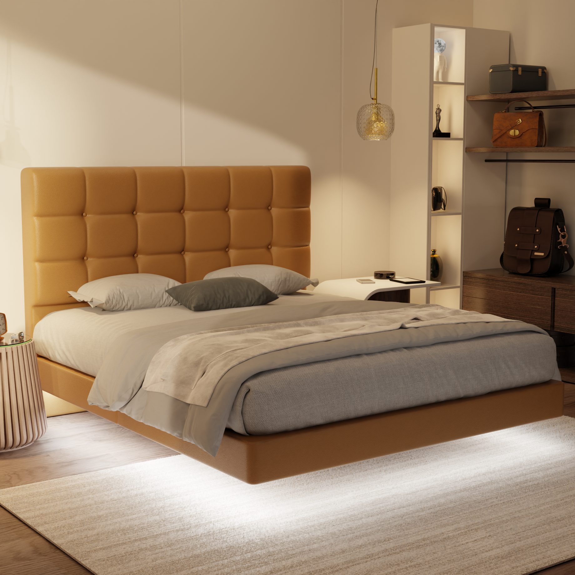 Mancine Genuine Leather Floating Bed Frame (With LED) by Esteller