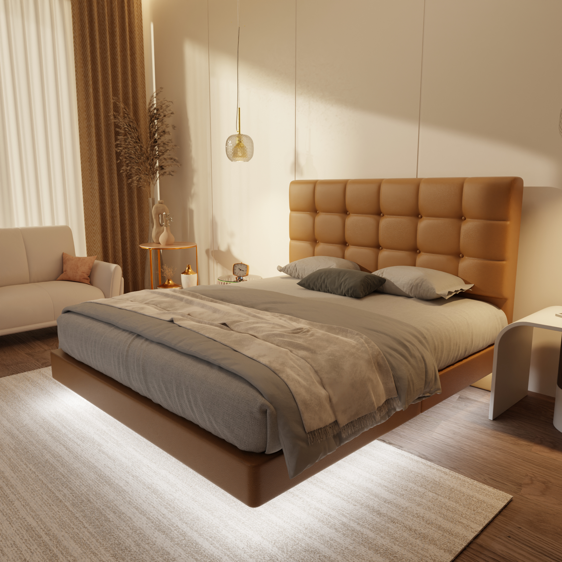 Mancine Genuine Leather Floating Bed Frame (With LED) by Esteller