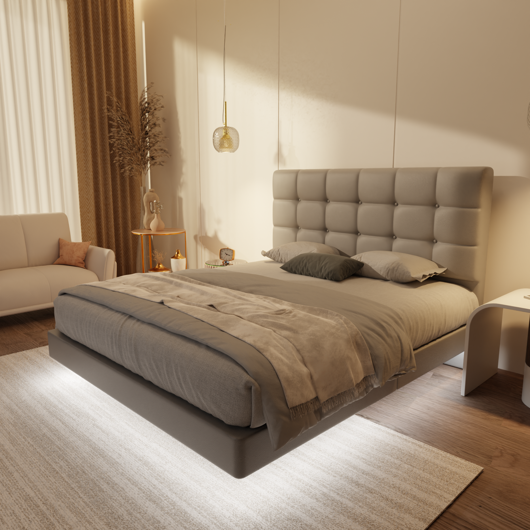 Mancine Genuine Leather Floating Bed Frame (With LED) by Esteller