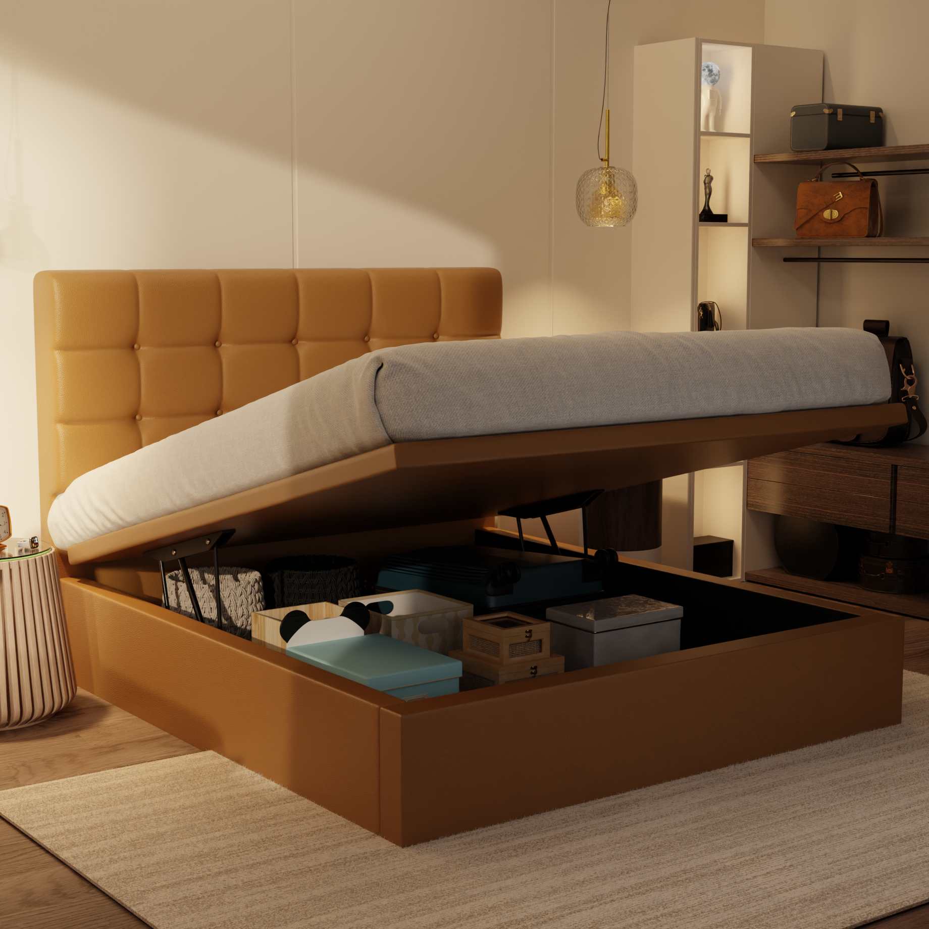 Mancine Genuine Leather Storage Bed (Gas Lift) by Esteller