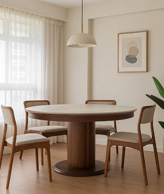 Wooden kitchen and dining room table with chairs.