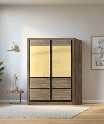 Modern wooden furniture with shelving and drawers.