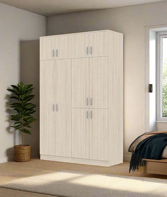 Wood wardrobe with houseplant and cupboard.