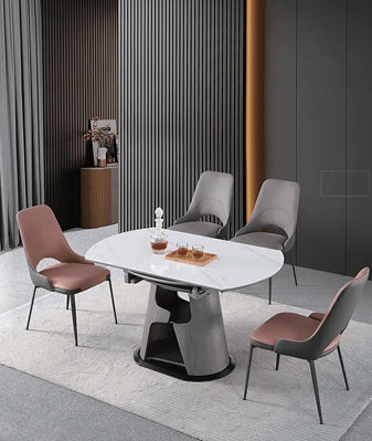 Silver chairs around kitchen and dining room table.