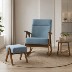 Tavreno Blue Fabric Wooden Rocking Chair with Foot Stool