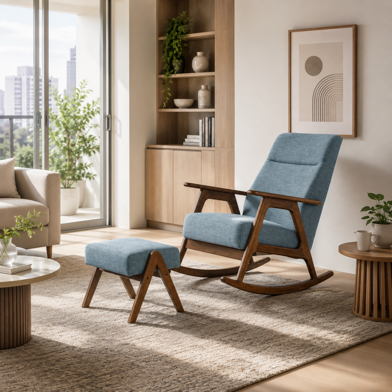 Tavreno Blue Fabric Wooden Rocking Chair with Foot Stool