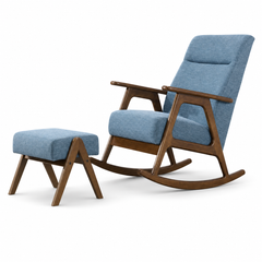 Tavreno Blue Fabric Wooden Rocking Chair with Foot Stool