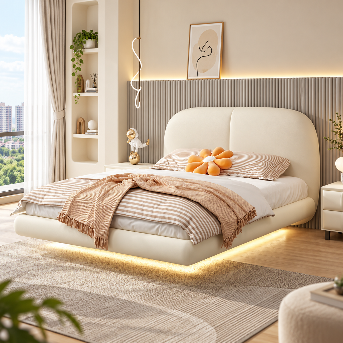 Caltrena Leather Floating Bed Frame (With LED)