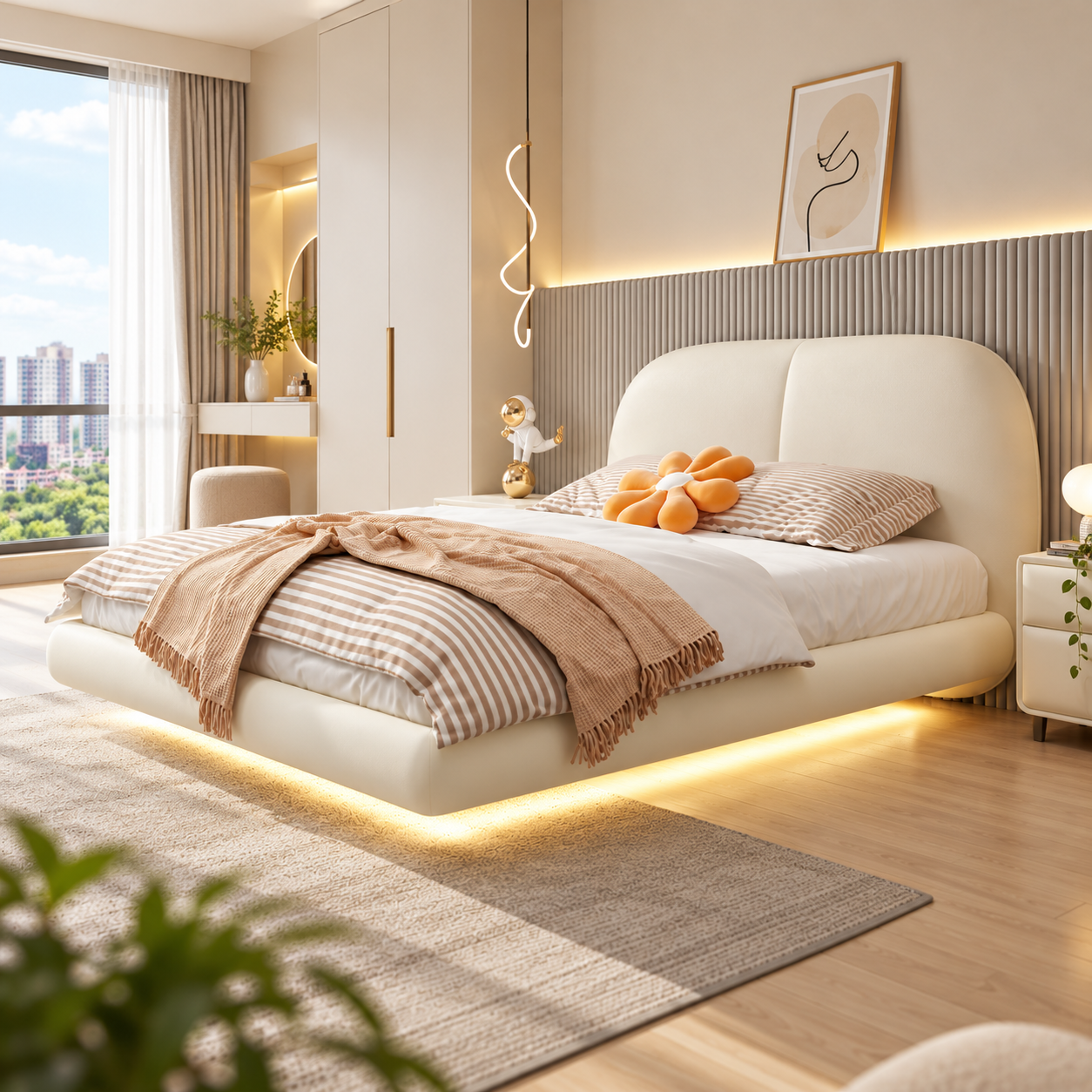 Caltrena Leather Floating Bed Frame (With LED)