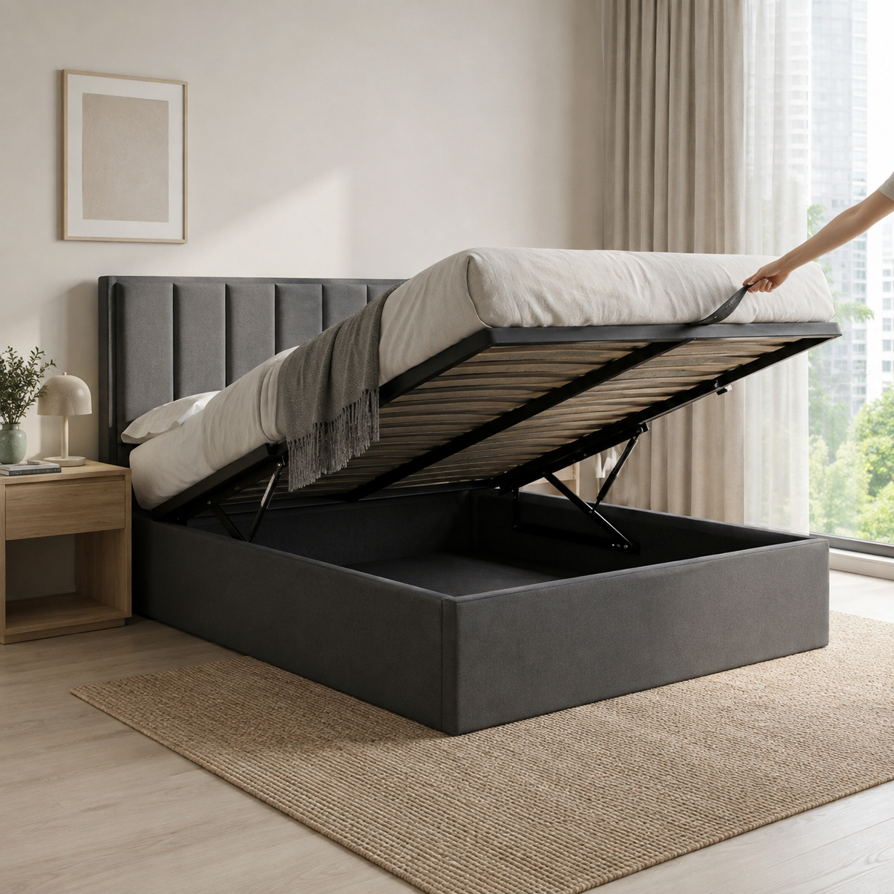 Snova Grey Fabric Storage Bed (Water Repellent) + Somnuz® Comfy 10" Individual Pocketed Spring Mattress