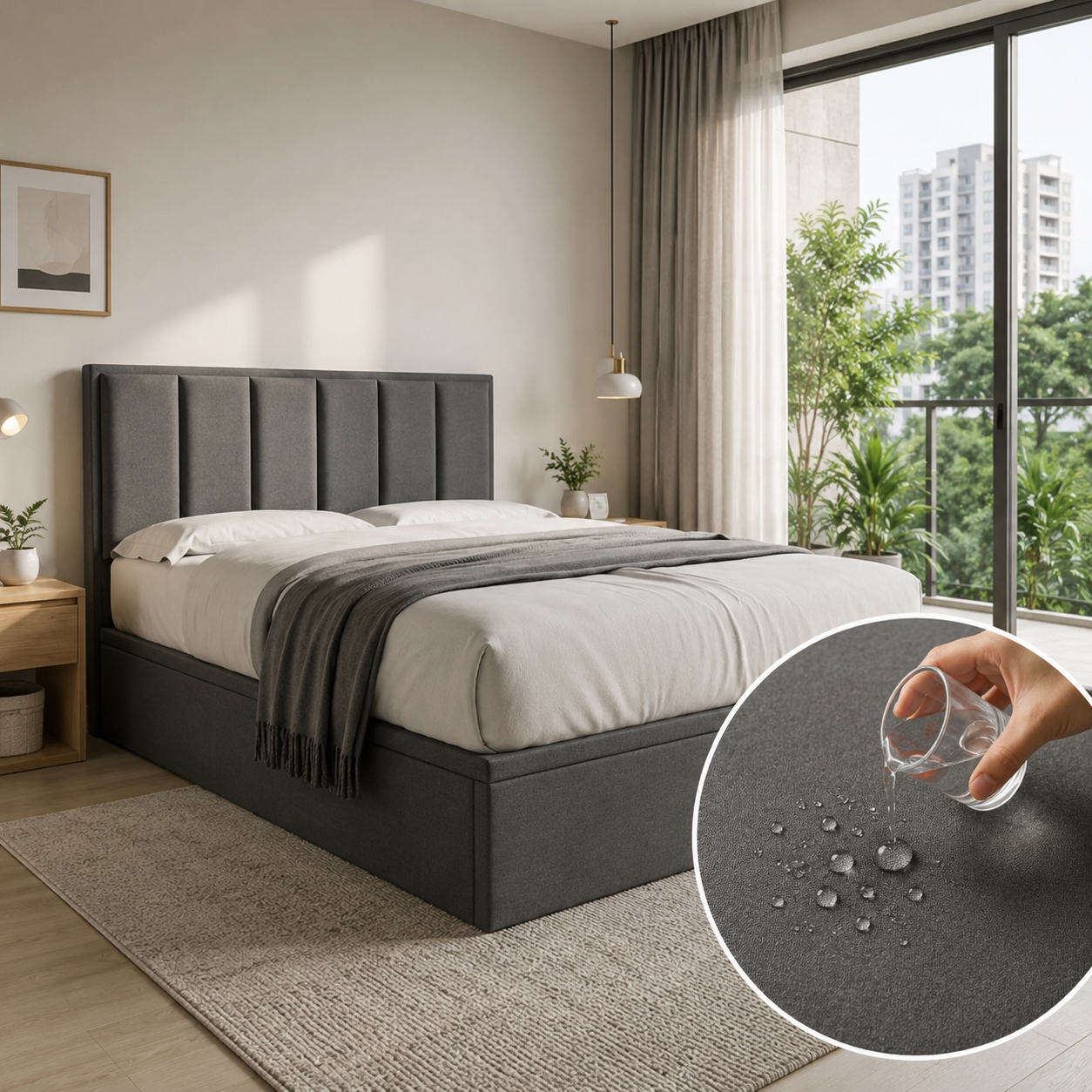 Snova Grey Fabric Storage Bed (Water Repellent) + Somnuz® Comfy 10" Individual Pocketed Spring Mattress