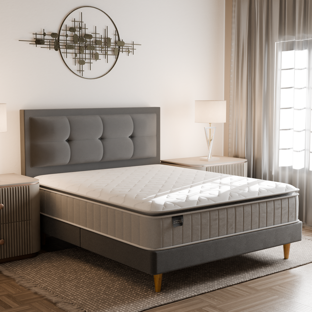 Melina Fabric Bed Frame + Somnuz® Durafirm 10" Pillowtop Spring Mattress