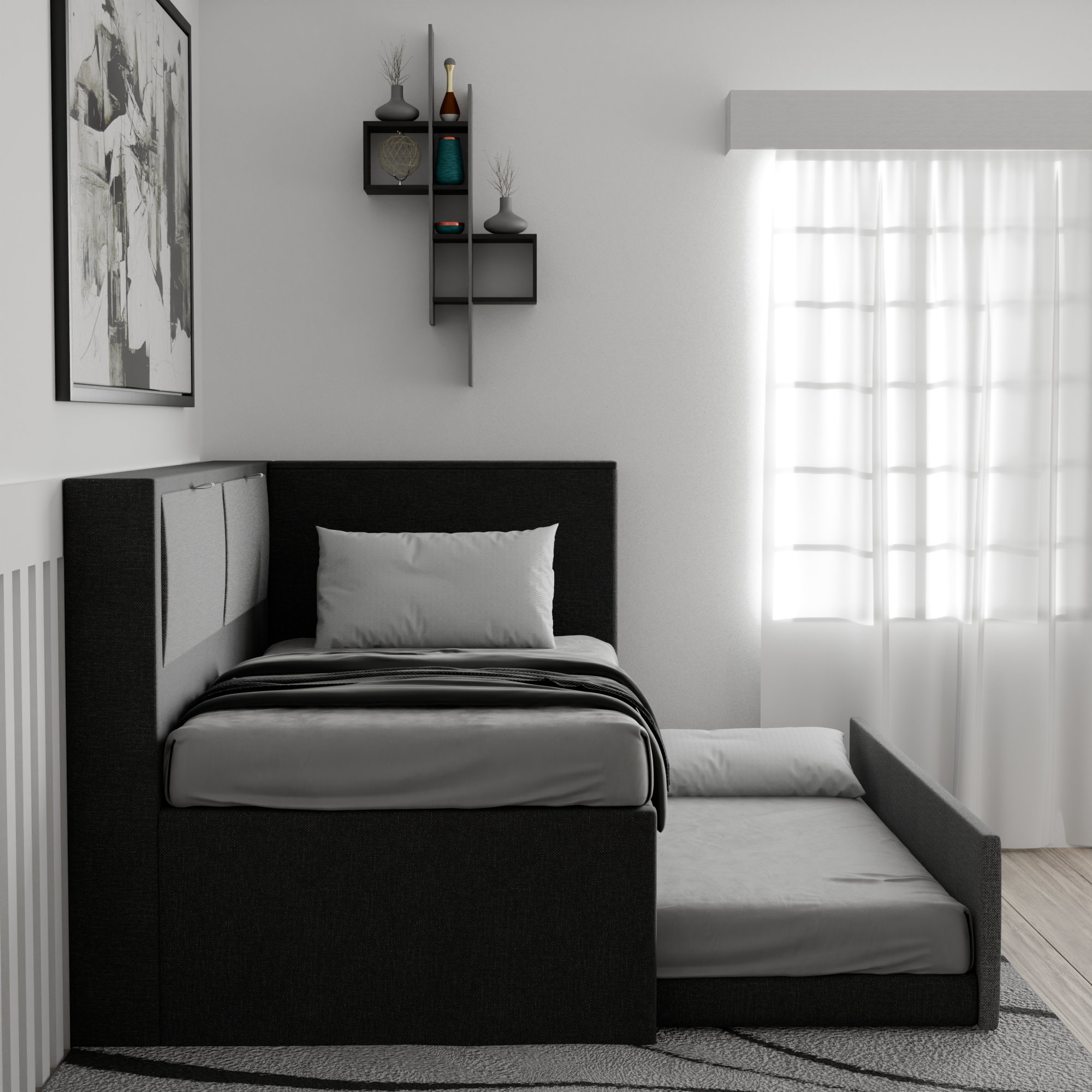 Mervin Fabric 5-in-1 Pull-Out Bed Frame with Storage