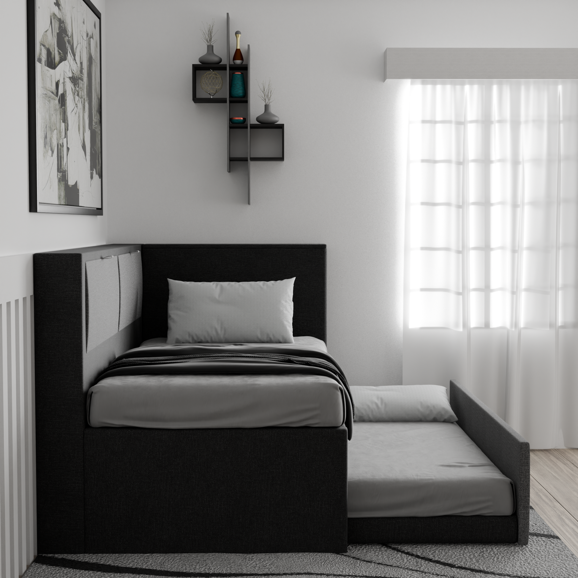 Mervin Fabric 5-in-1 Pull-Out Bed Frame with Storage