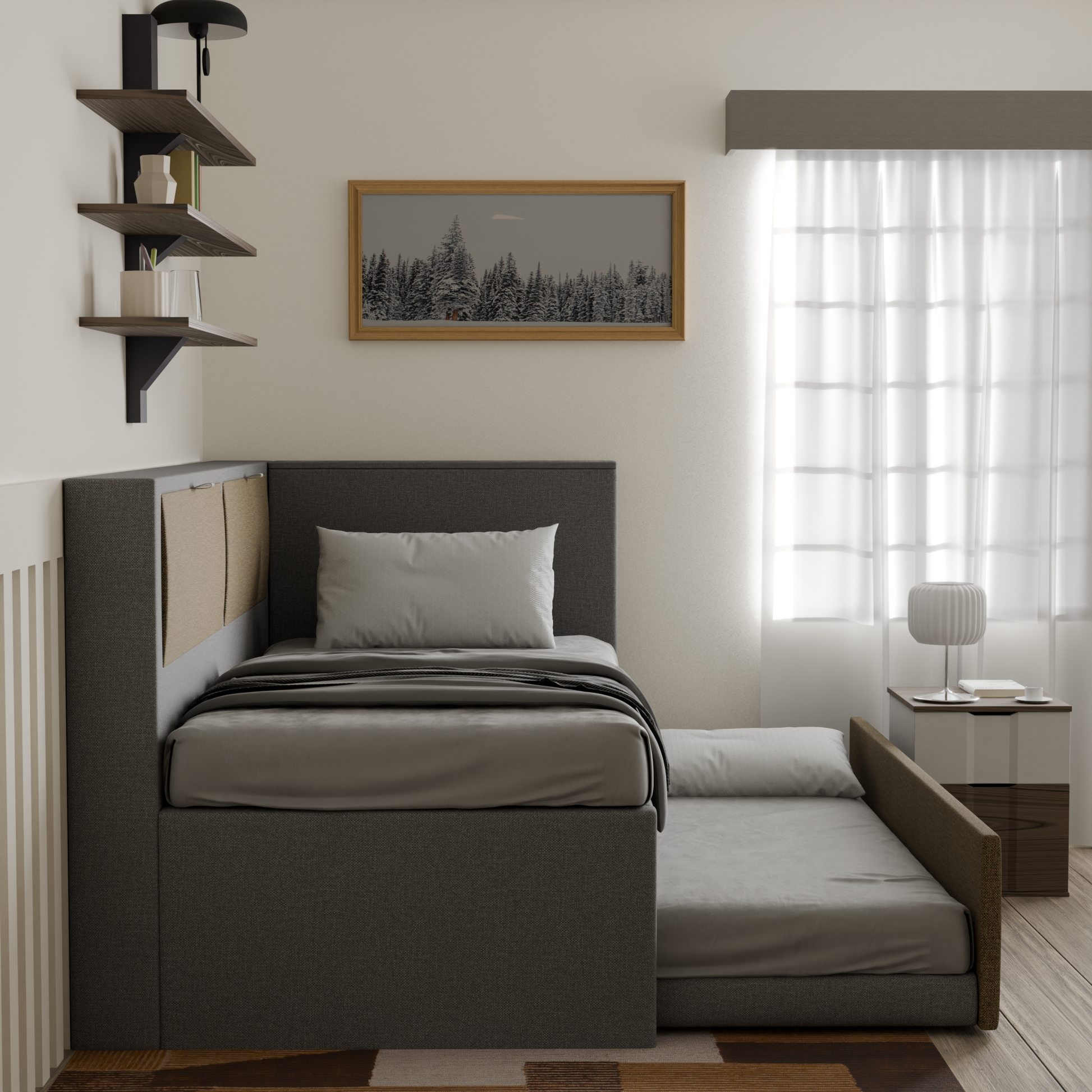 Mervin Fabric 5-in-1 Pull-Out Bed Frame with Storage