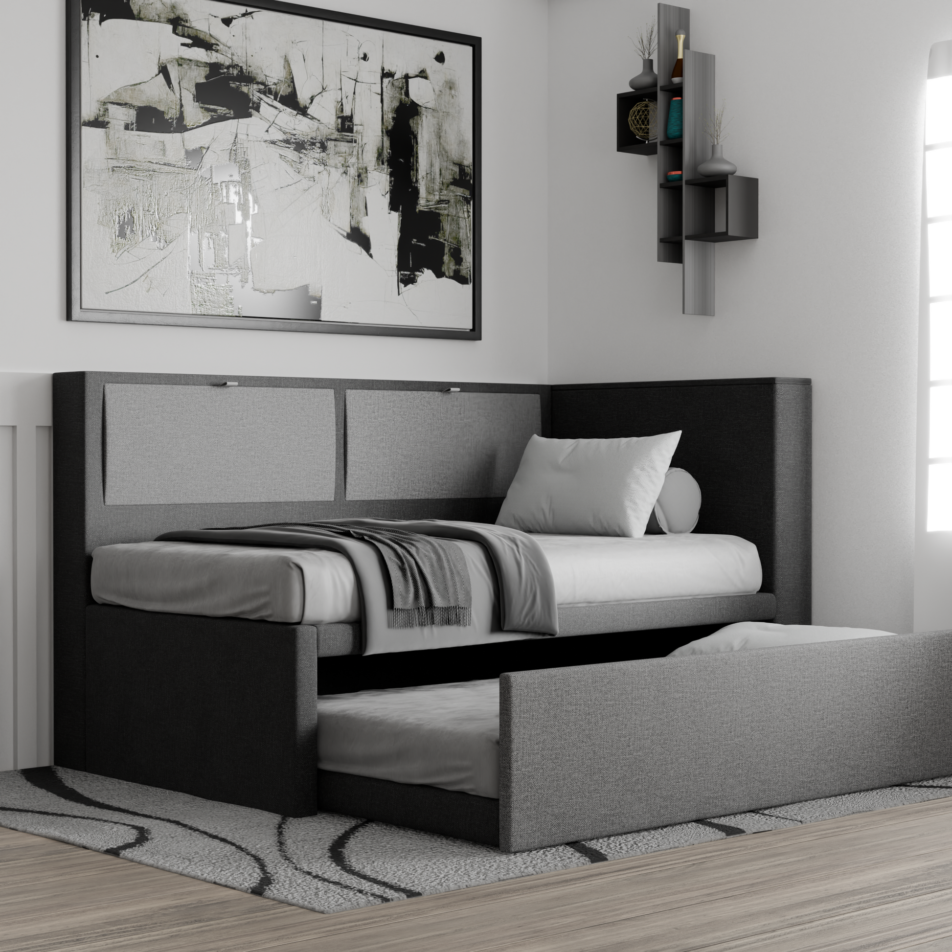 Mervin Fabric 5-in-1 Pull-Out Bed Frame with Storage