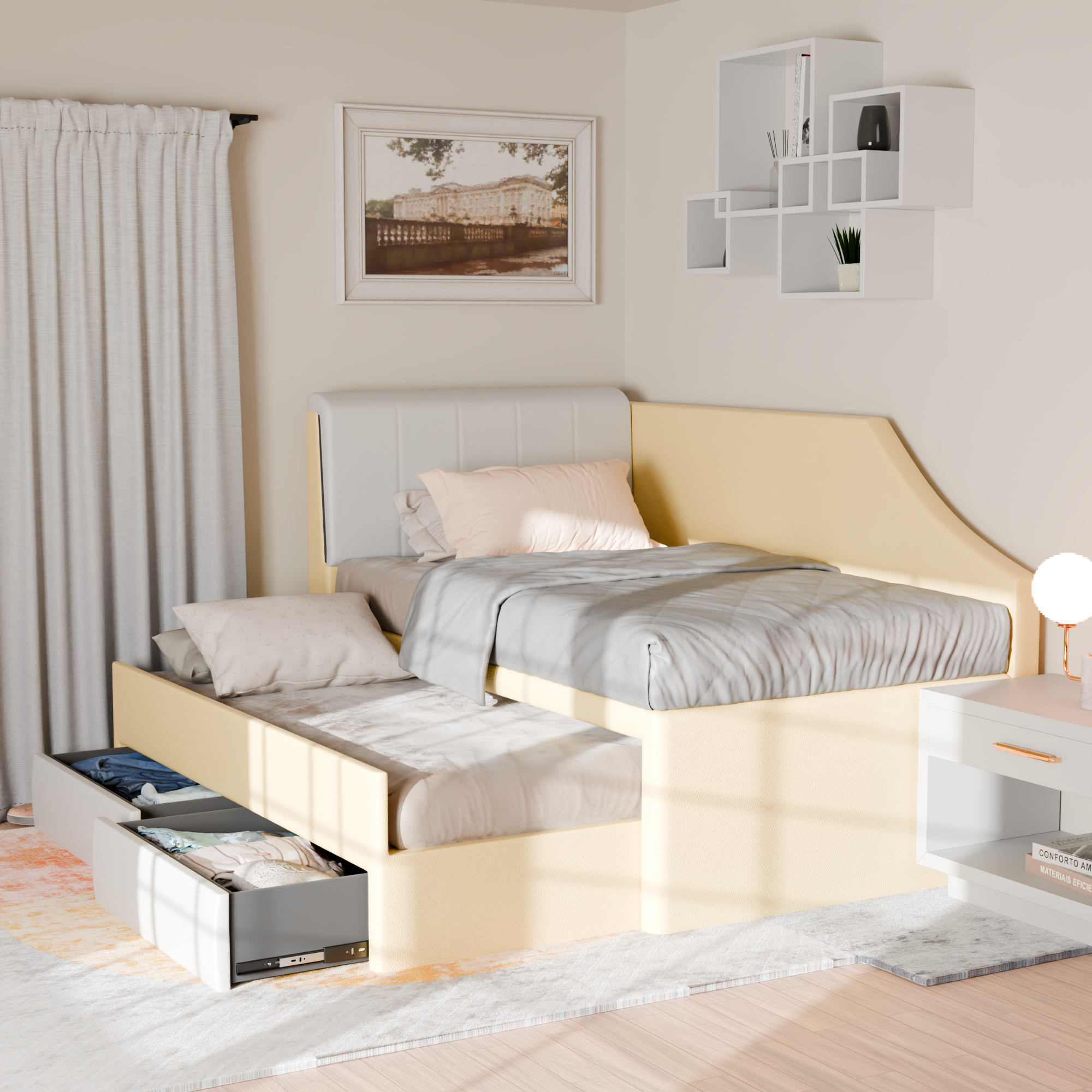 Devin 5-in-1 Faux Leather Pull-Out Bed Frame with Drawers