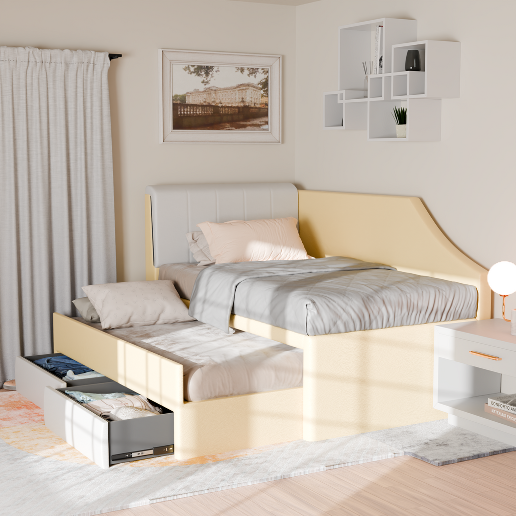 Devin 5-in-1 Faux Leather Pull-Out Bed Frame with Drawers