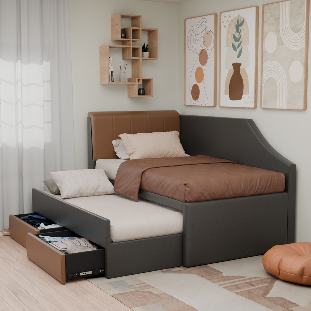 Devin 5-in-1 Faux Leather Pull-Out Bed Frame with Drawers