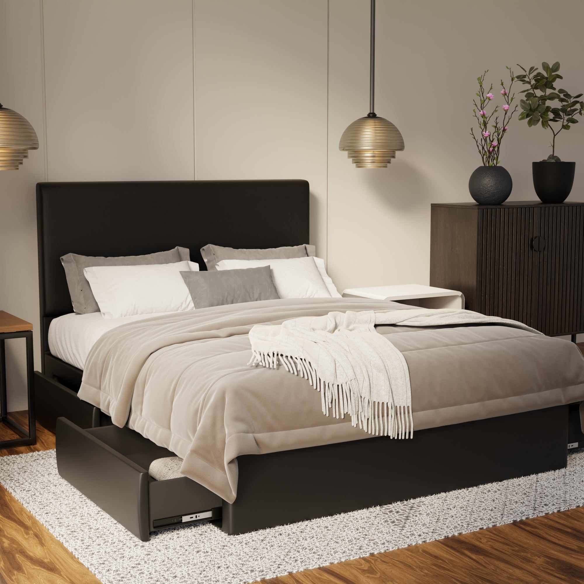 Kira Genuine Leather Drawer Bed By Esteller