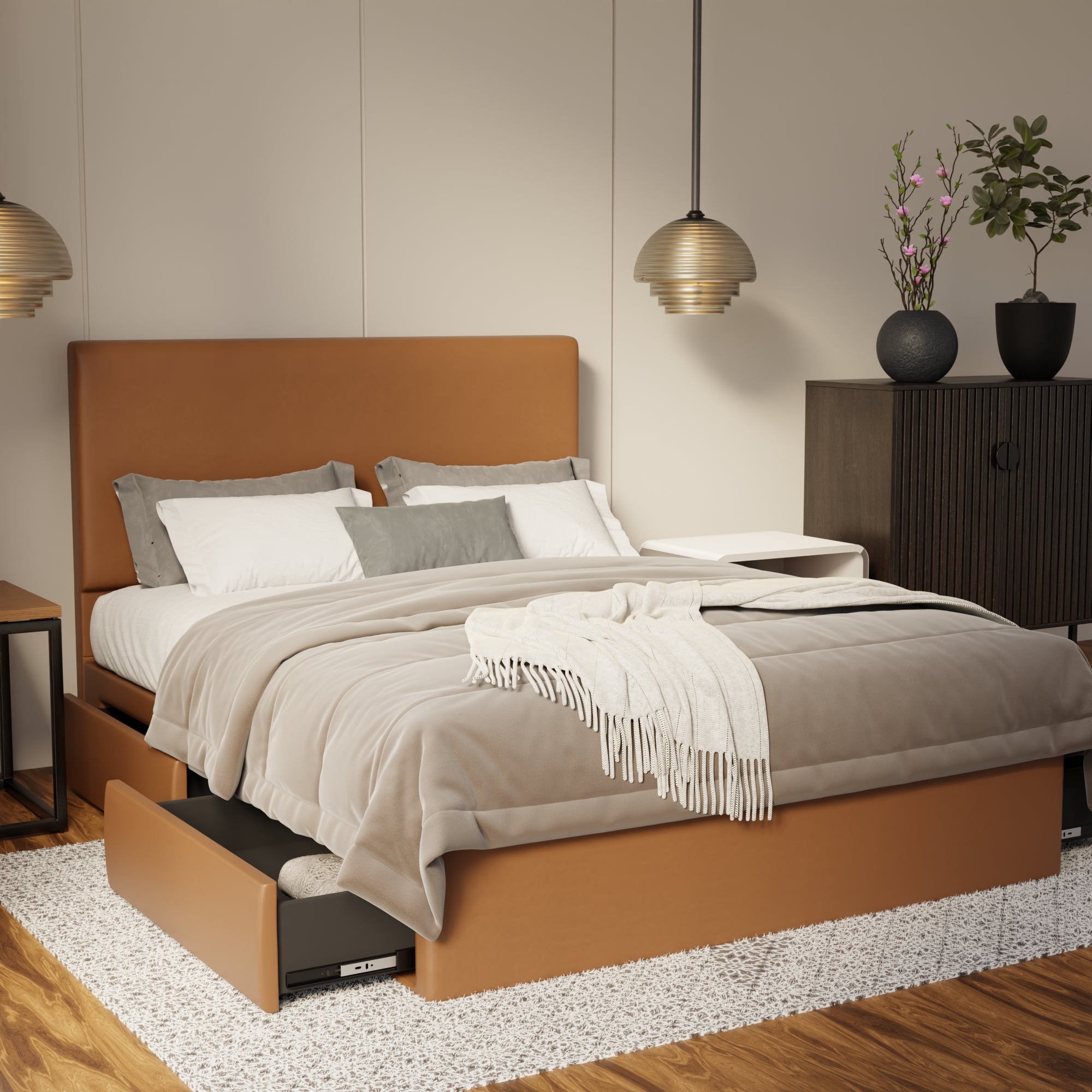 Kira Genuine Leather Drawer Bed By Esteller