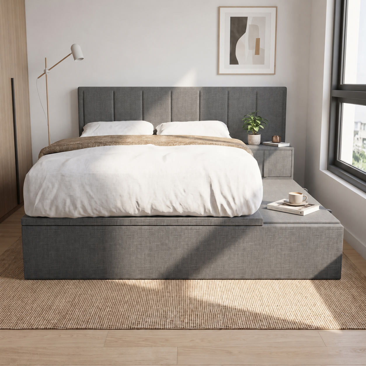 Snova Platform Storage Grey Fabric Bed Frame (Water Repellent)