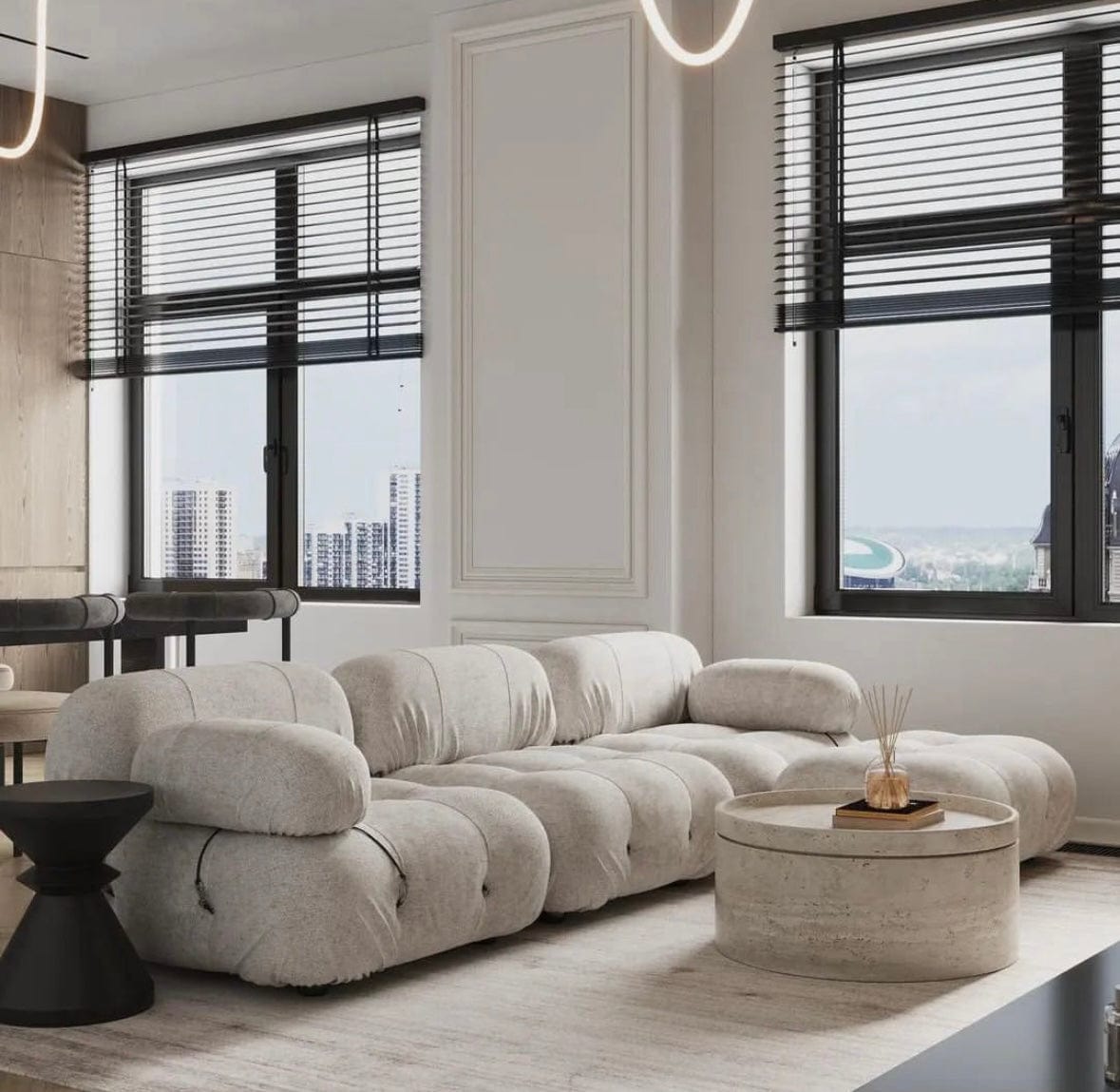 Fabiana Velvet Fabric Sectional Sofa in Cream
