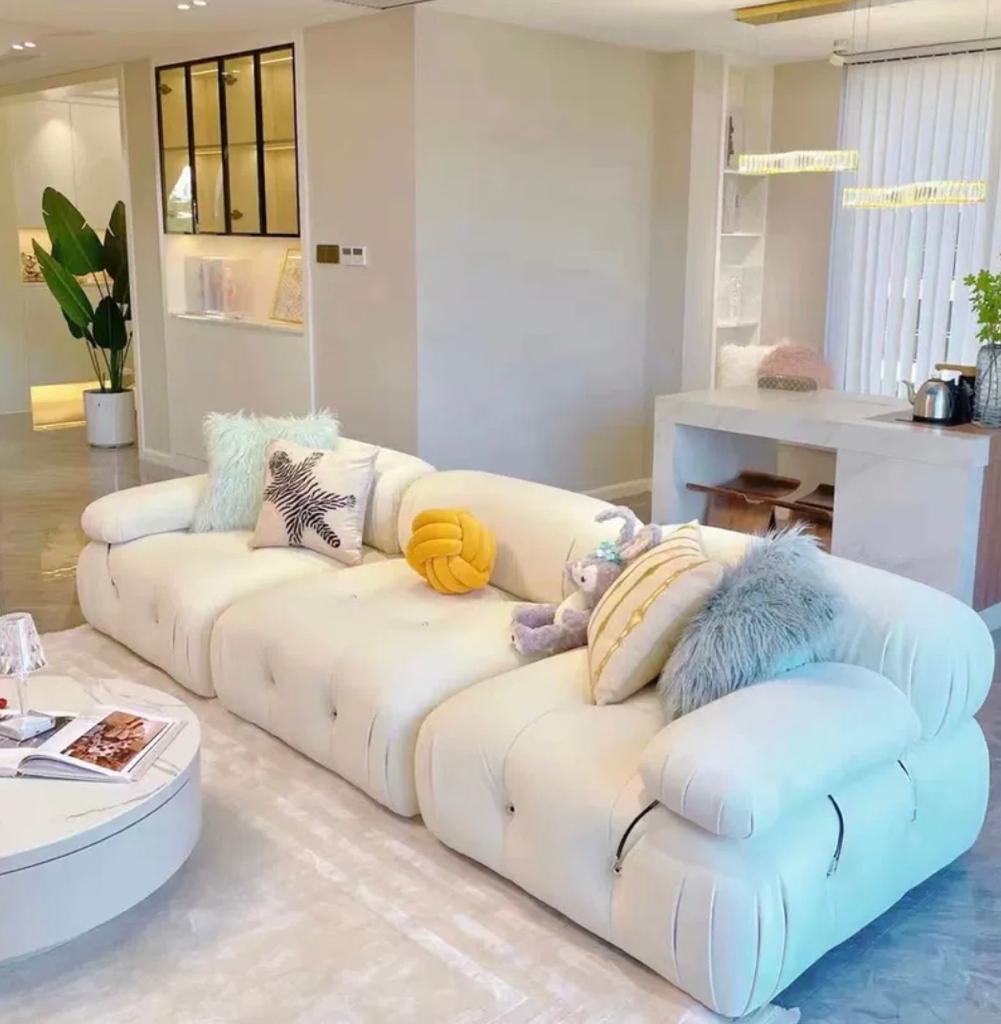 Fabiana Velvet Fabric Sectional Sofa in Cream